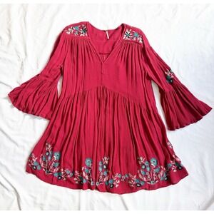 Free People Dress Women S Red Embroidery Babydoll Long Sleeve Boho Western